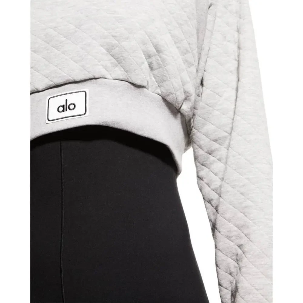 Alo Yoga Quilted Cropped‎ Arena Hoodie Gray Diamond Knit Pullover Gym Sweatshirt